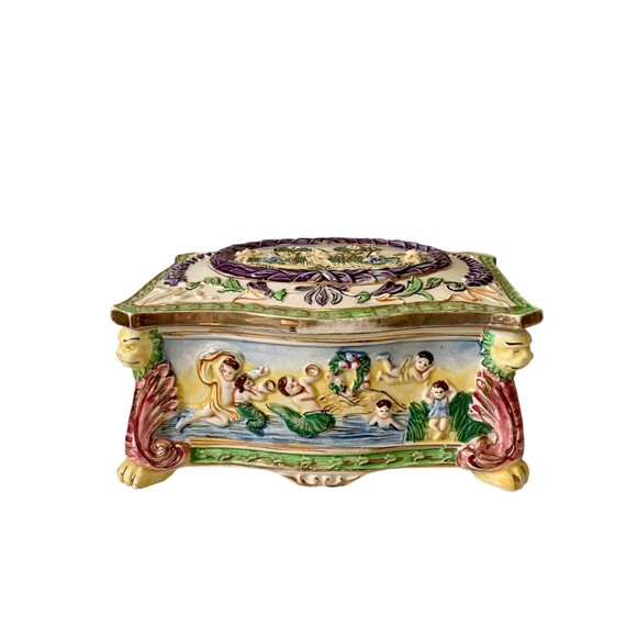 VTG 1950s Hand Painted Japanese Ceramic Trinket Box Majolica Ware - Picture 3 of 7